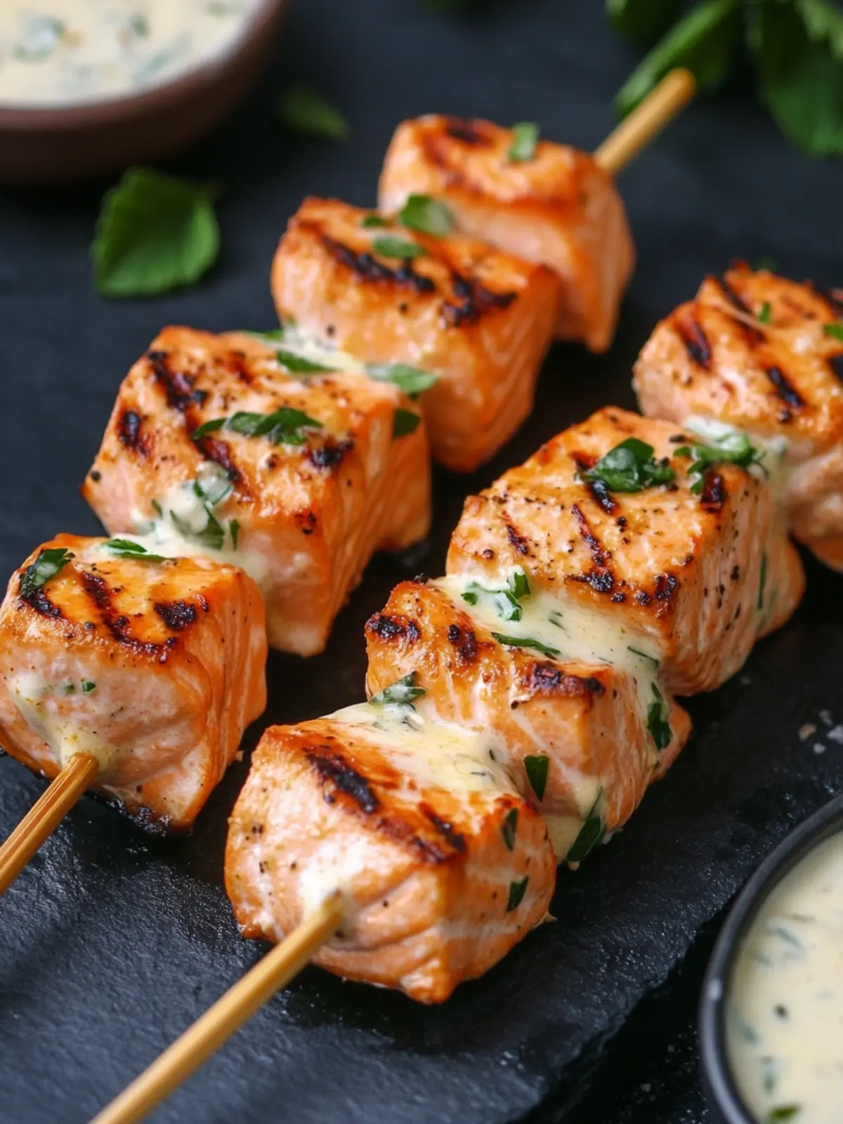 Mouthwatering Grilled Salmon Skewers with Creamy Dill Sauce 3 Mouthwatering Grilled Salmon Skewers with Creamy Sauce