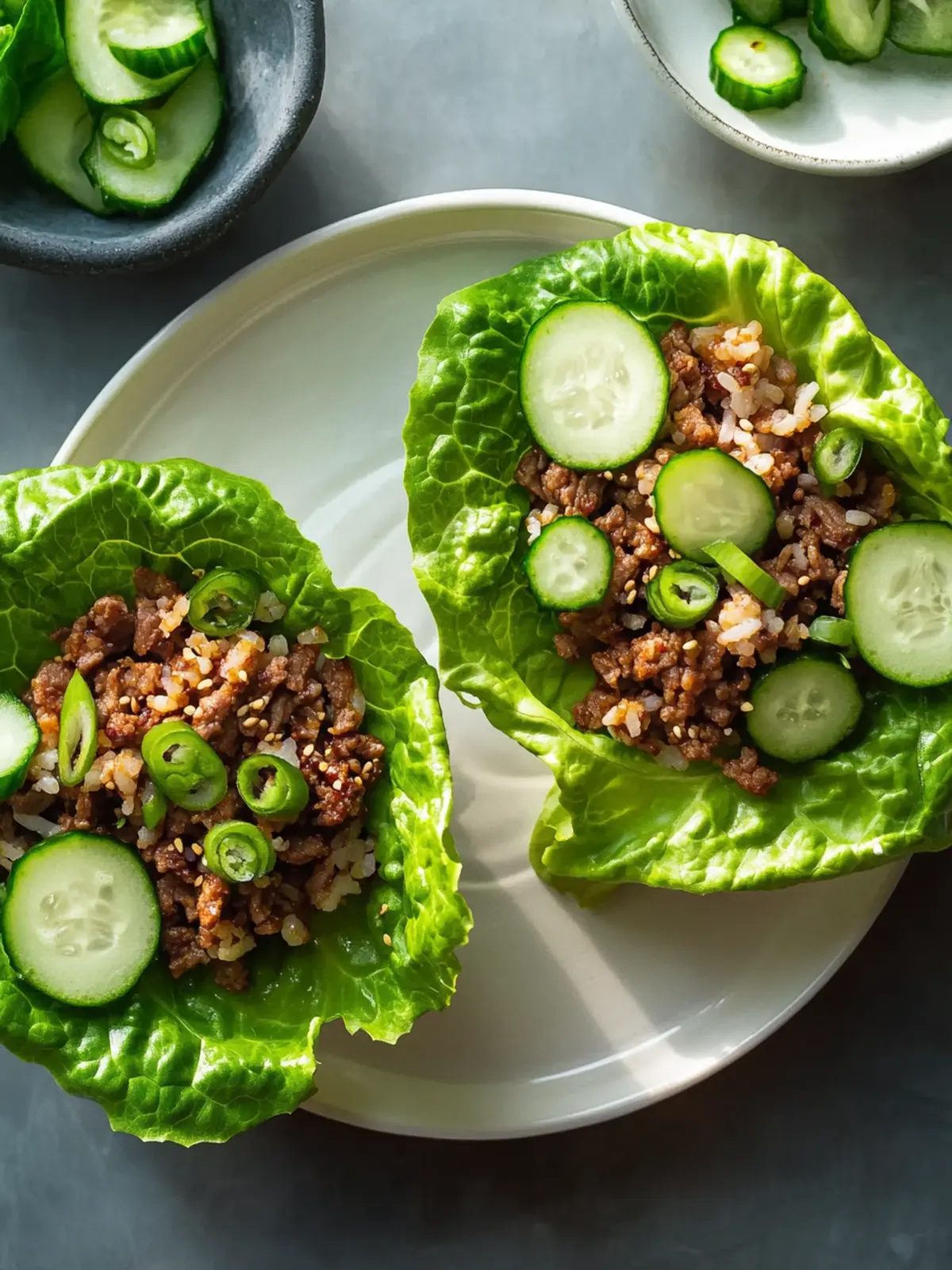 Ginger-Scallion Beef Lettuce Wraps with Crunchy Cucumbers 2 Ginger-Scallion Beef Lettuce Wraps with Crunchy Cucumbers and Sesame Rice