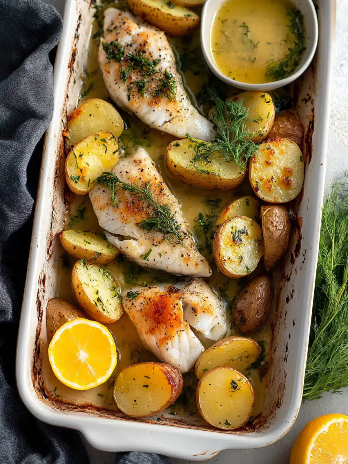 Baked Fish & Potatoes with Citrus Herb Dressing Bliss 4 Baked Fish & Potatoes with Citrus Herb Dressing