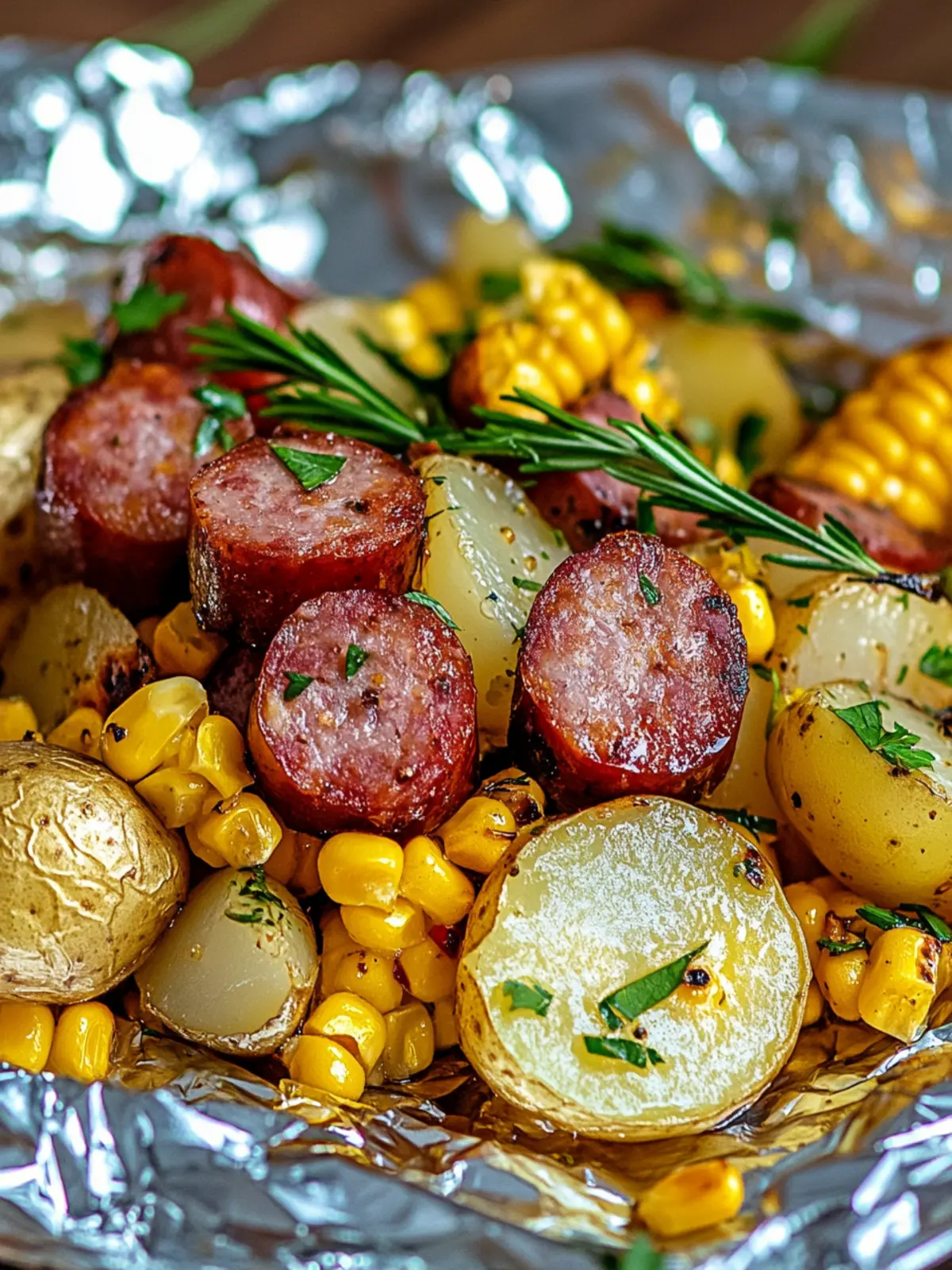 Delicious Vegetarian Foil Packets with Corn, Potatoes, and Sausage 4 Vegetarian Foil Packets with Corn, Potatoes, and Smoked Sausage