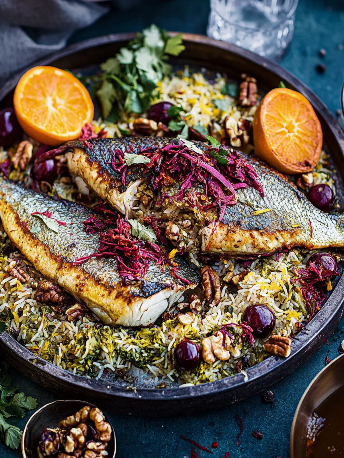 Savor Sea Bass with Saffron, Orange & Herbed Sabzi Polo 2 Sea bass with saffron, orange, walnuts & sour cherry with herbed pilaf sabzi polo