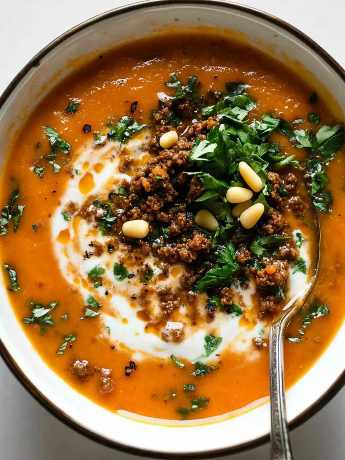 Delicious Carrot Soup with Spiced Ground Beef & Pine Nuts 3 Carrot Soup with Spiced Ground Beef and Pine Nuts