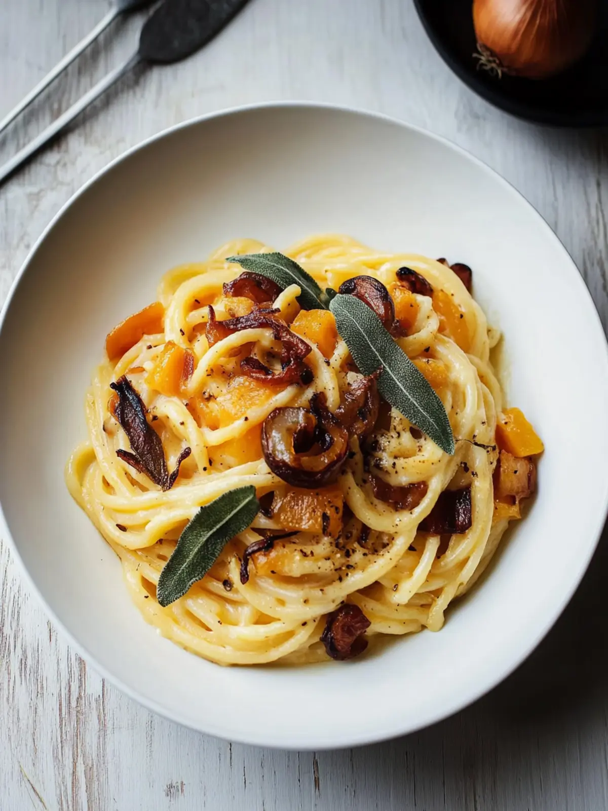 Creamy Butternut Squash Carbonara with Fried Sage Magic 3 Butternut Squash Carbonara with Fried Sage and Caramelized Onions