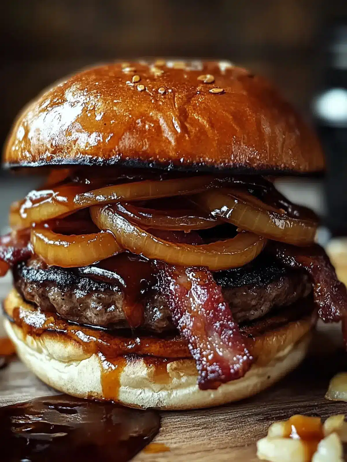Maple Bourbon BBQ Bacon Burger with Caramelized Onions Delight 2 Maple Bourbon BBQ Bacon Burger with Caramelized Onions