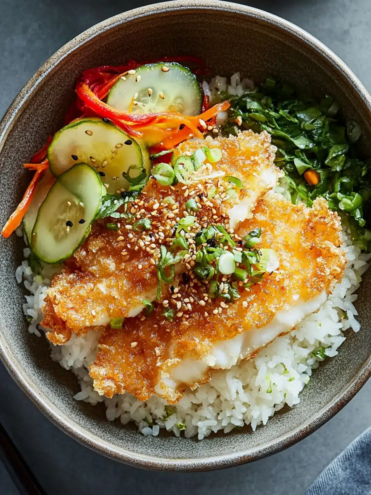 Crispy Halibut Tempura with Spring Onion Rice & Pickles Delight 2 Halibut Tempura with Japanese Pickles & Spring Onion Rice