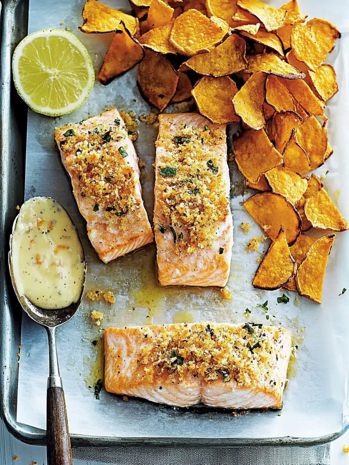 Crumbed Salmon with Sweet Potato Chips for a Flavor Boost 3 crumbed salmon with sweet potato chips