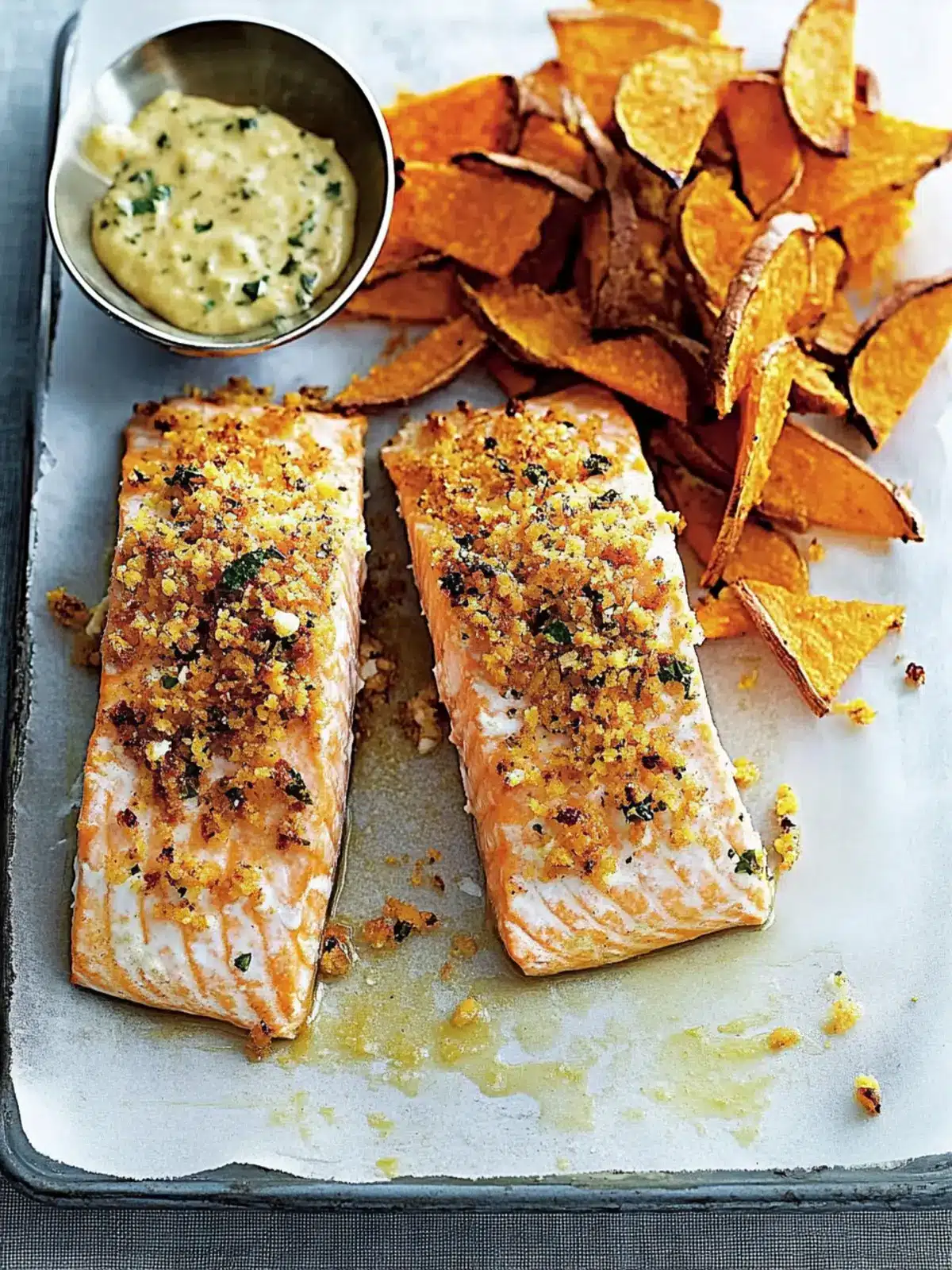Crumbed Salmon with Sweet Potato Chips for a Flavor Boost 2 crumbed salmon with sweet potato chips