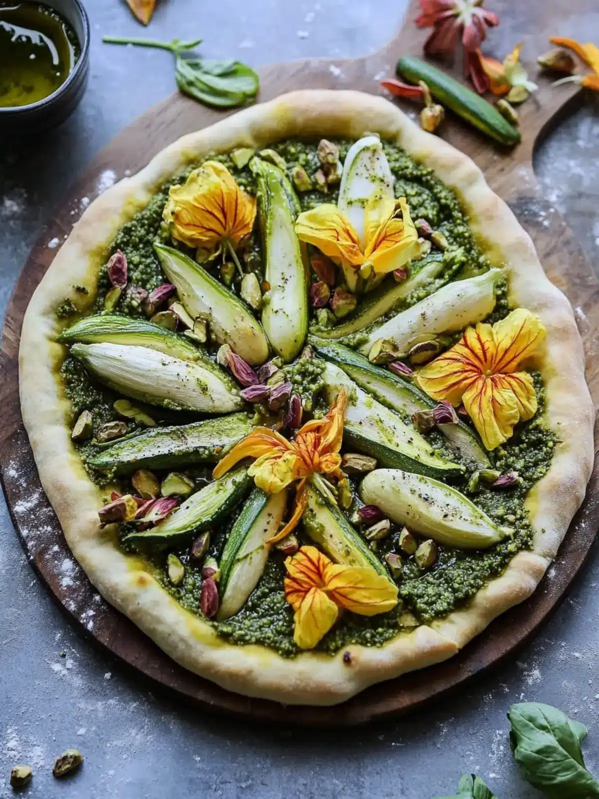 Delicious Grilled Zucchini Blossom Pistachio Pesto Pizza Recipe 2 Grilled zucchini blossom pistachio pesto pizza