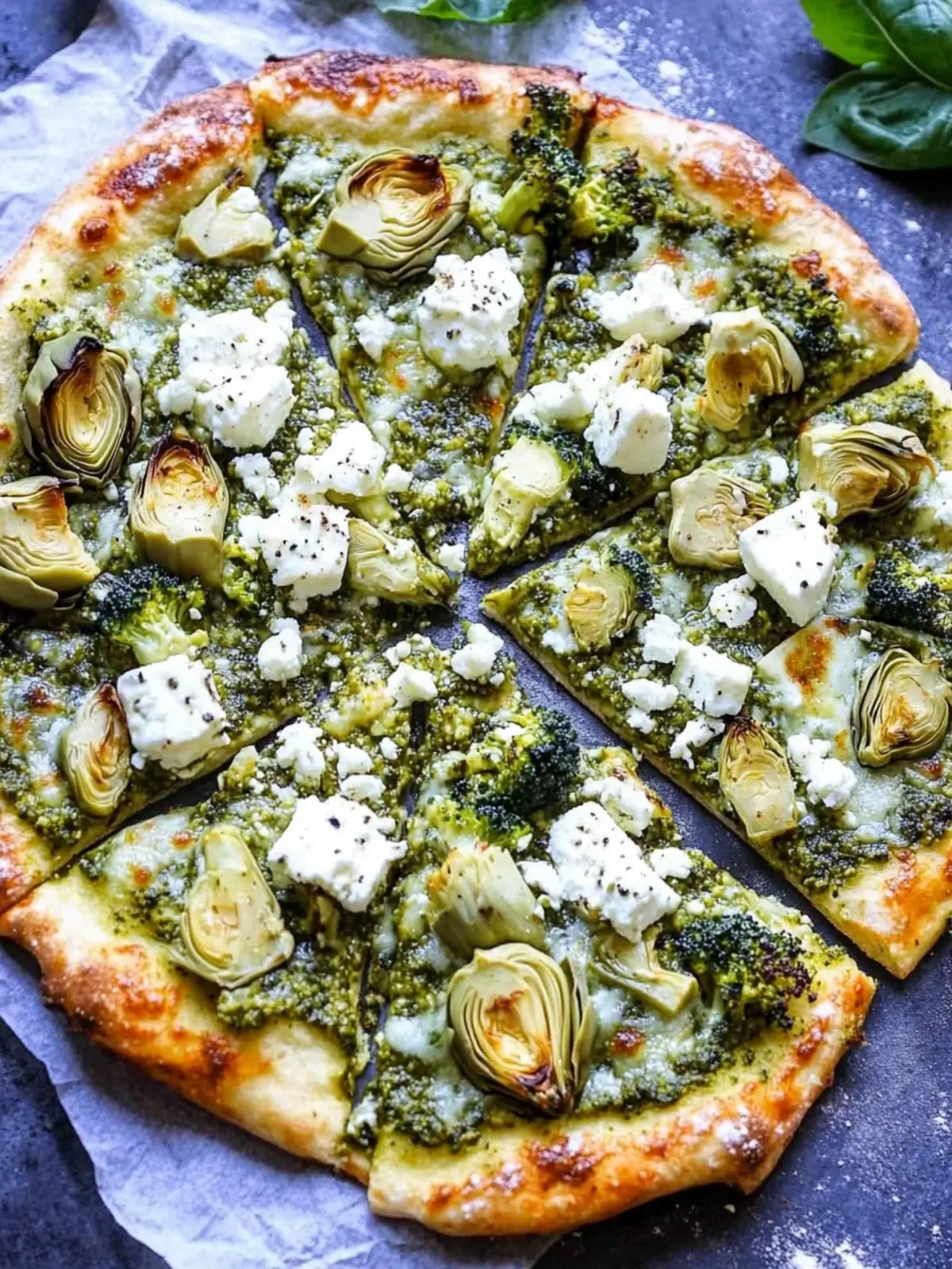 Green Pizza with Pesto, Feta, Artichokes, and Broccoli Bliss 4 Green Pizza with Pesto, Feta, Artichokes, and Broccoli