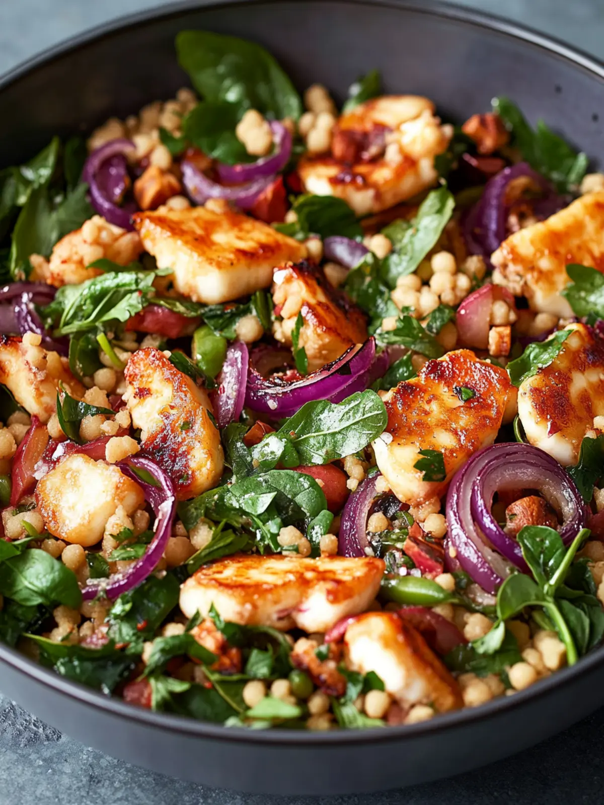 Halloumi and Red Onion Salad with Giant Couscous Bliss 3 Halloumi and Red Onion Salad with Giant Couscous