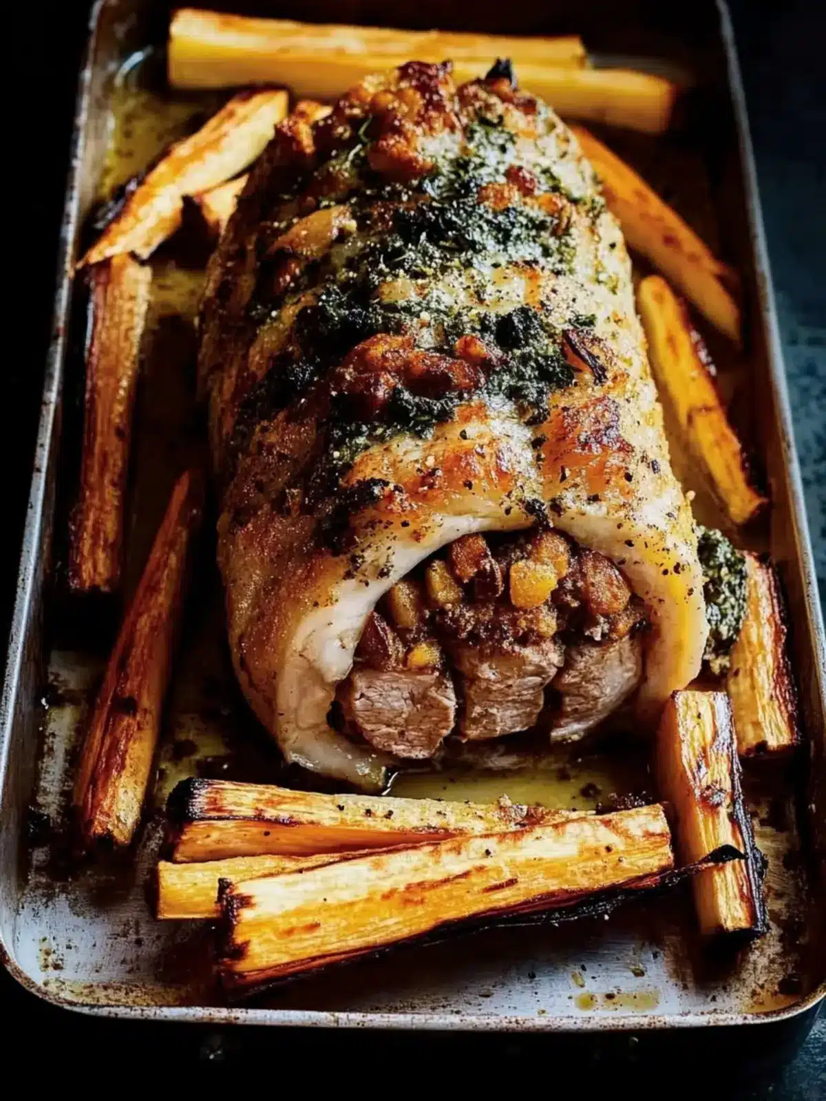 Crispy Porchetta with Almond Milk Roasted Parsnips Delight 2 crispy porchetta with almond milk roasted parsnips