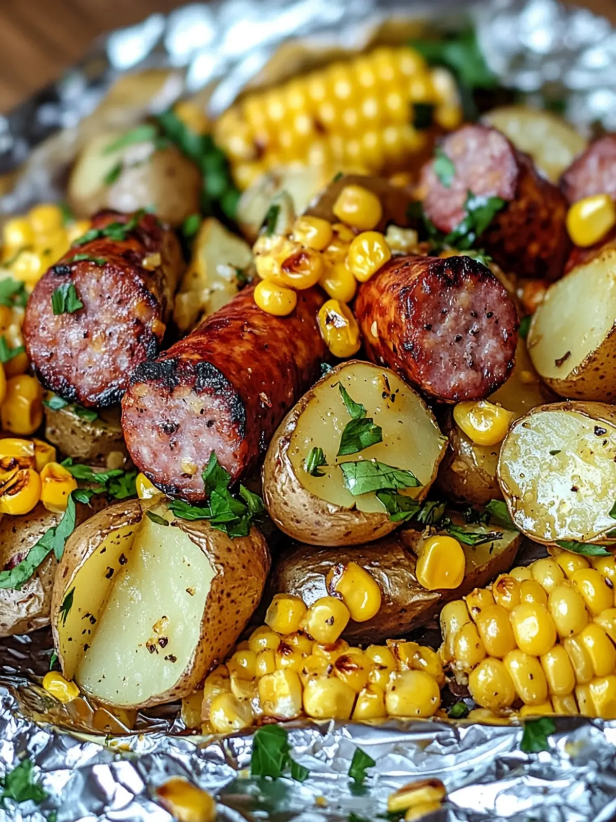 Delicious Vegetarian Foil Packets with Corn, Potatoes, and Sausage 3 Vegetarian Foil Packets with Corn, Potatoes, and Smoked Sausage
