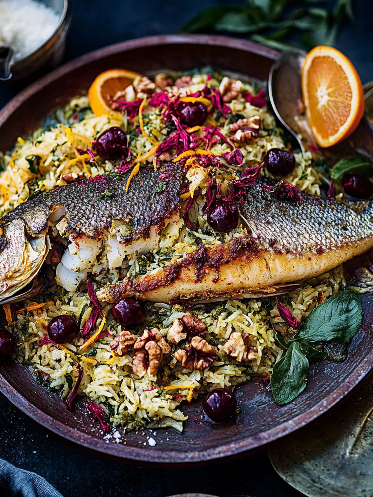 Savor Sea Bass with Saffron, Orange & Herbed Sabzi Polo 3 Sea bass with saffron, orange, walnuts & sour cherry with herbed pilaf sabzi polo