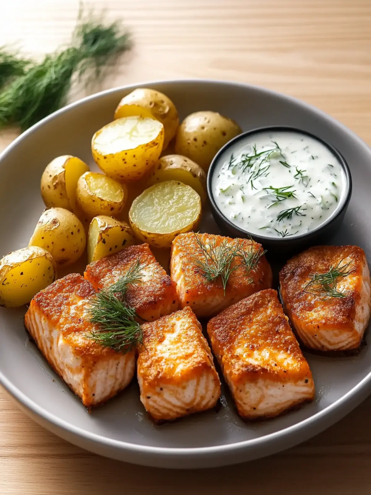 Air Fryer Lemon-Dill Salmon Bites with Crispy Potatoes Delight 2 Air Fryer Lemon-Dill Salmon Bites with Crispy Baby Potatoes and Yogurt Cucumber Sauce