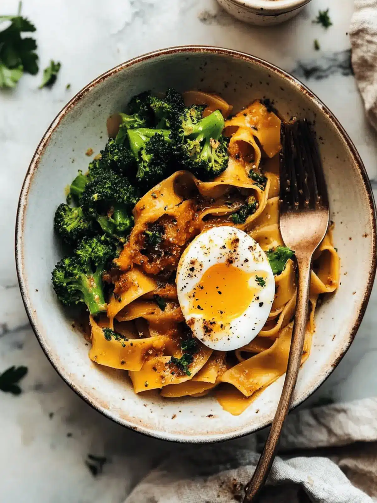 Chili Garlic Pappardelle with Smashed Broccoli and Soft Eggs Bliss 2 Chili Garlic Pappardelle with Smashed Broccoli and Soft Eggs
