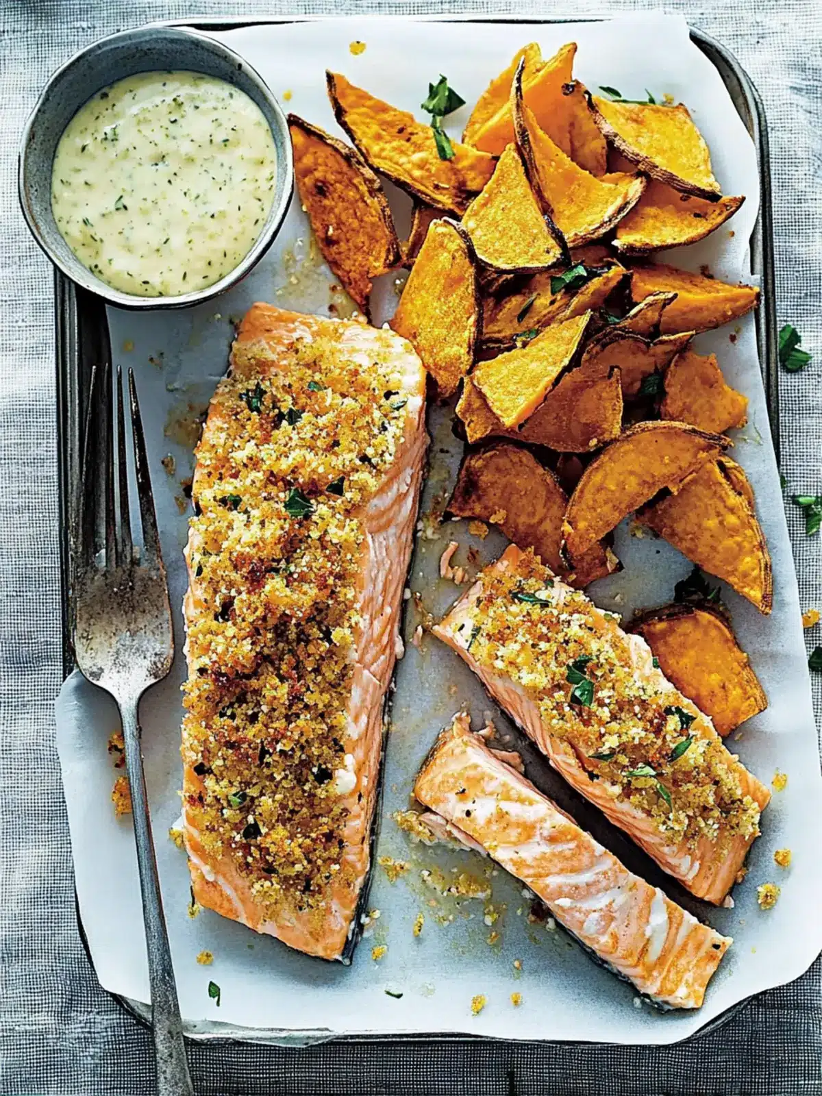 Crumbed Salmon with Sweet Potato Chips for a Flavor Boost 4 crumbed salmon with sweet potato chips