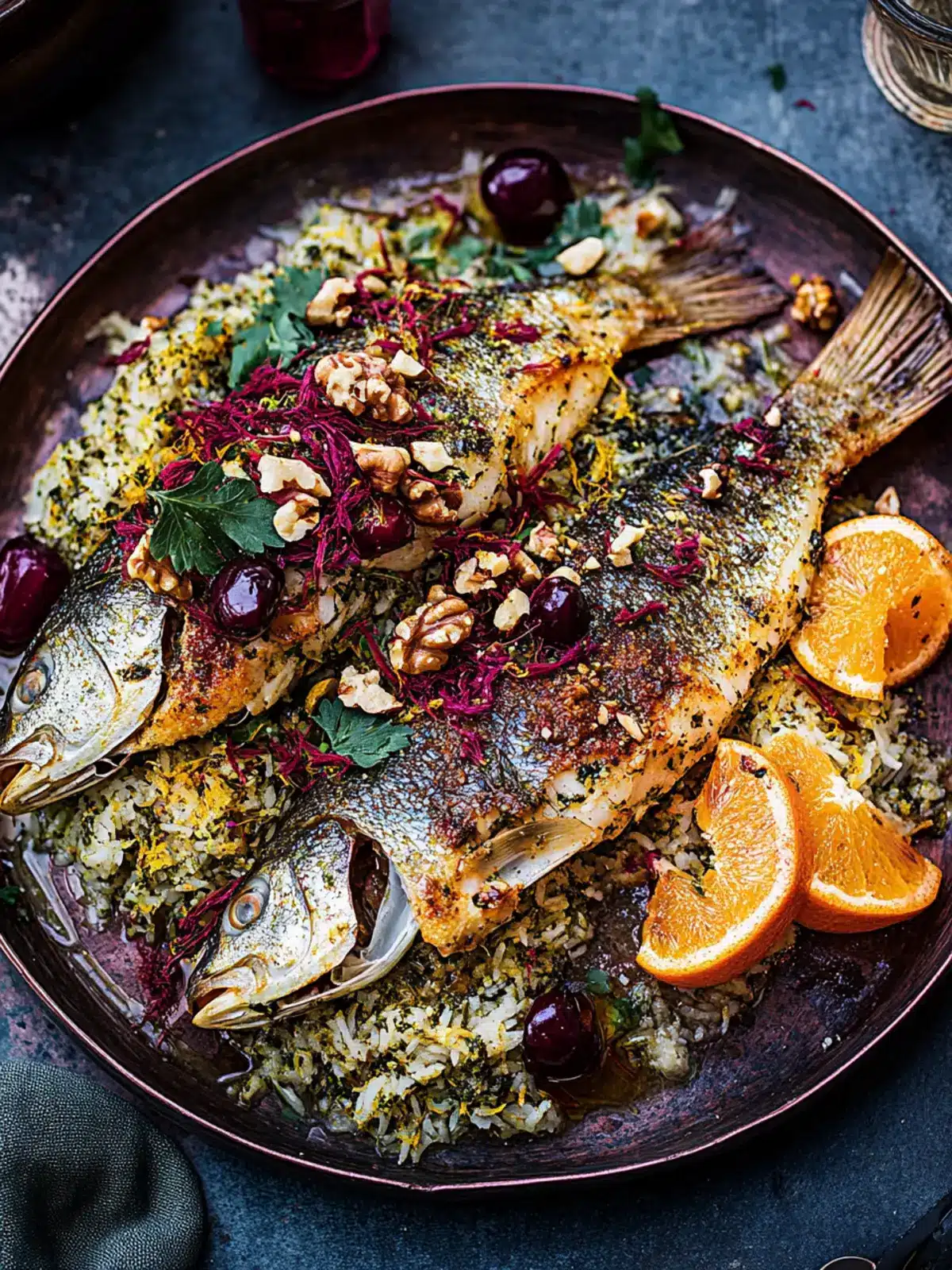 Savor Sea Bass with Saffron, Orange & Herbed Sabzi Polo 4 Sea bass with saffron, orange, walnuts & sour cherry with herbed pilaf sabzi polo