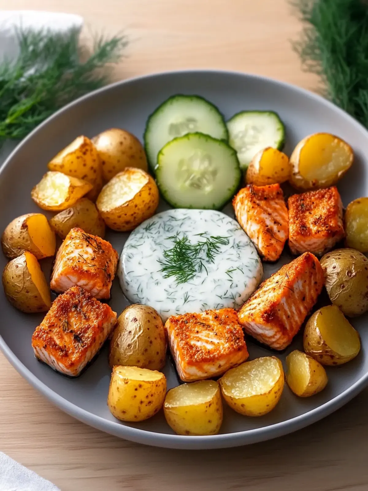 Air Fryer Lemon-Dill Salmon Bites with Crispy Potatoes Delight 4 Air Fryer Lemon-Dill Salmon Bites with Crispy Baby Potatoes and Yogurt Cucumber Sauce