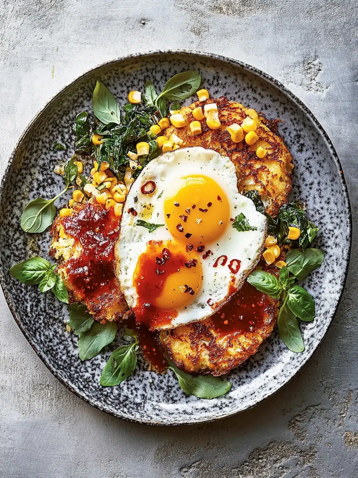 Delicious Fried Eggs with Corn Fritters and Chilli Sauce Bliss 3 fried eggs with corn fritters and chilli sauce