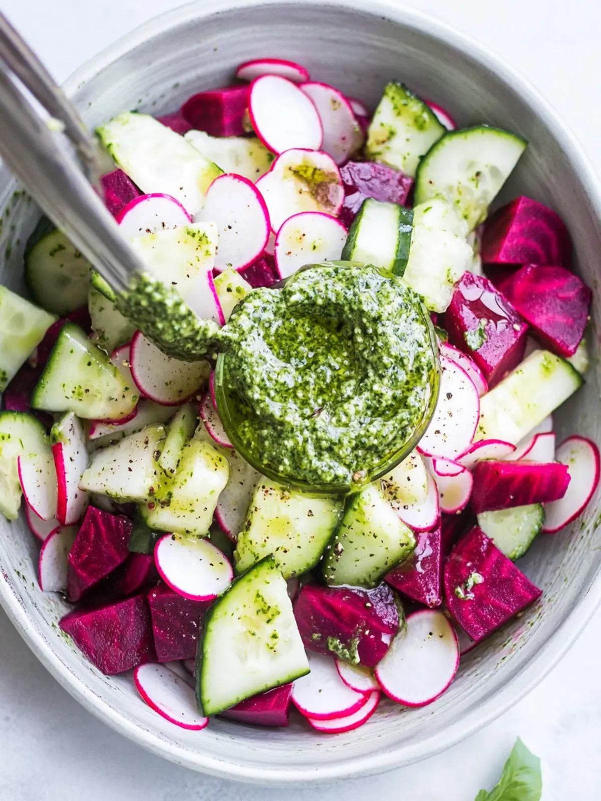 Vibrant Beet, Cucumber, and Radish Salad with Pesto Vinaigrette 2 Beet, Cucumber, and Radish Salad with Basil Pesto Vinaigrette