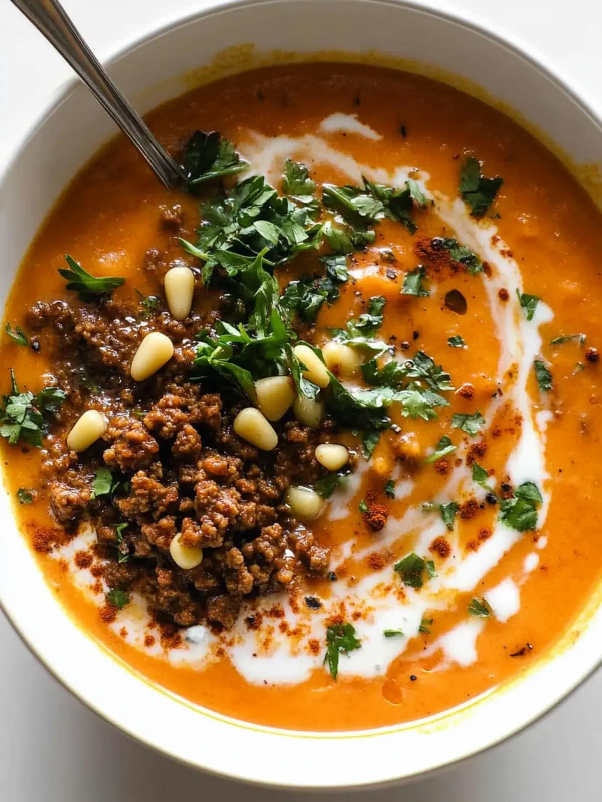Delicious Carrot Soup with Spiced Ground Beef & Pine Nuts 2 Carrot Soup with Spiced Ground Beef and Pine Nuts