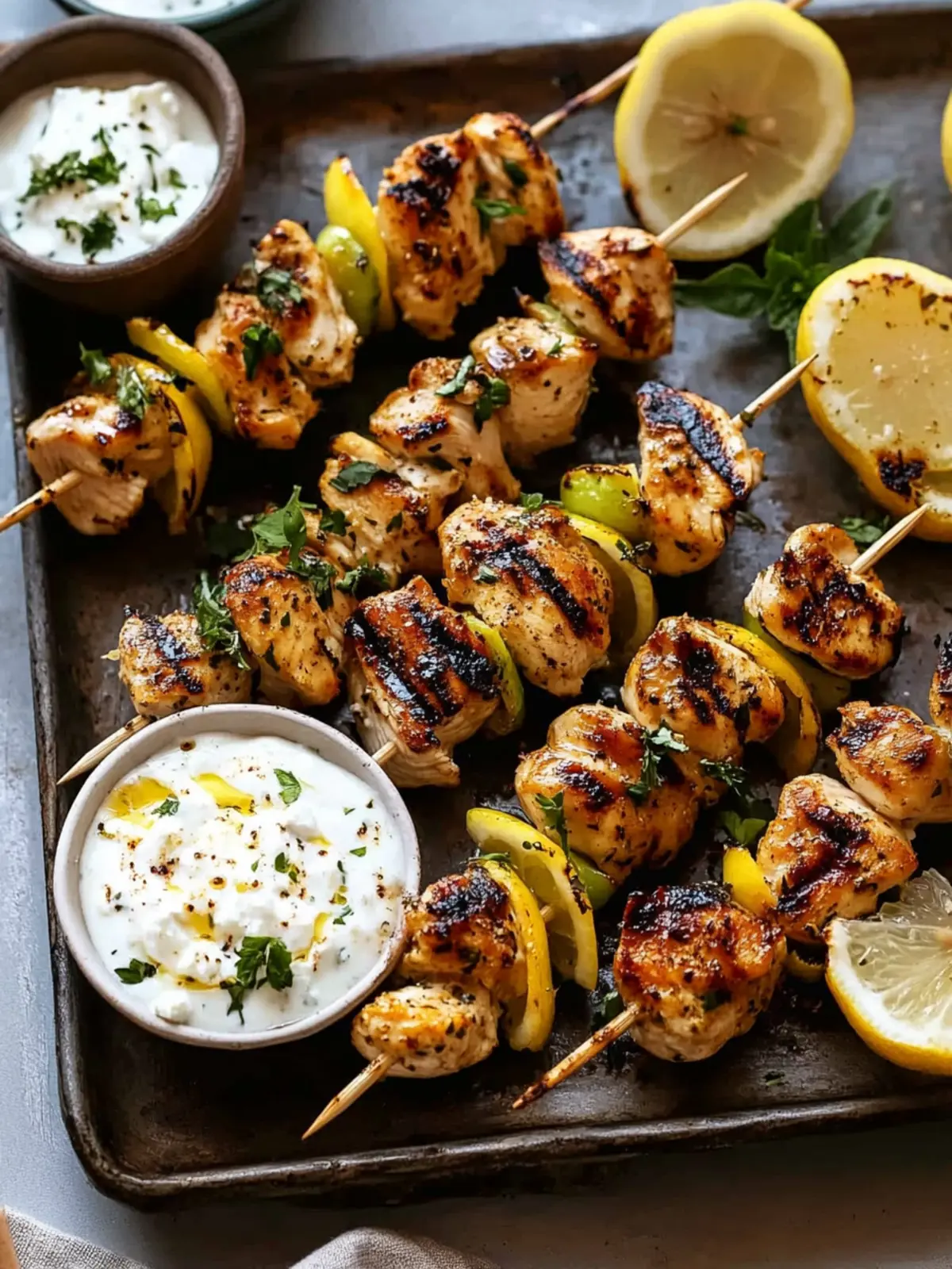 Lemon Chicken Skewers with Creamy Feta Sauce Delight 2 Lemon Chicken Skewers with Creamy Feta Sauce