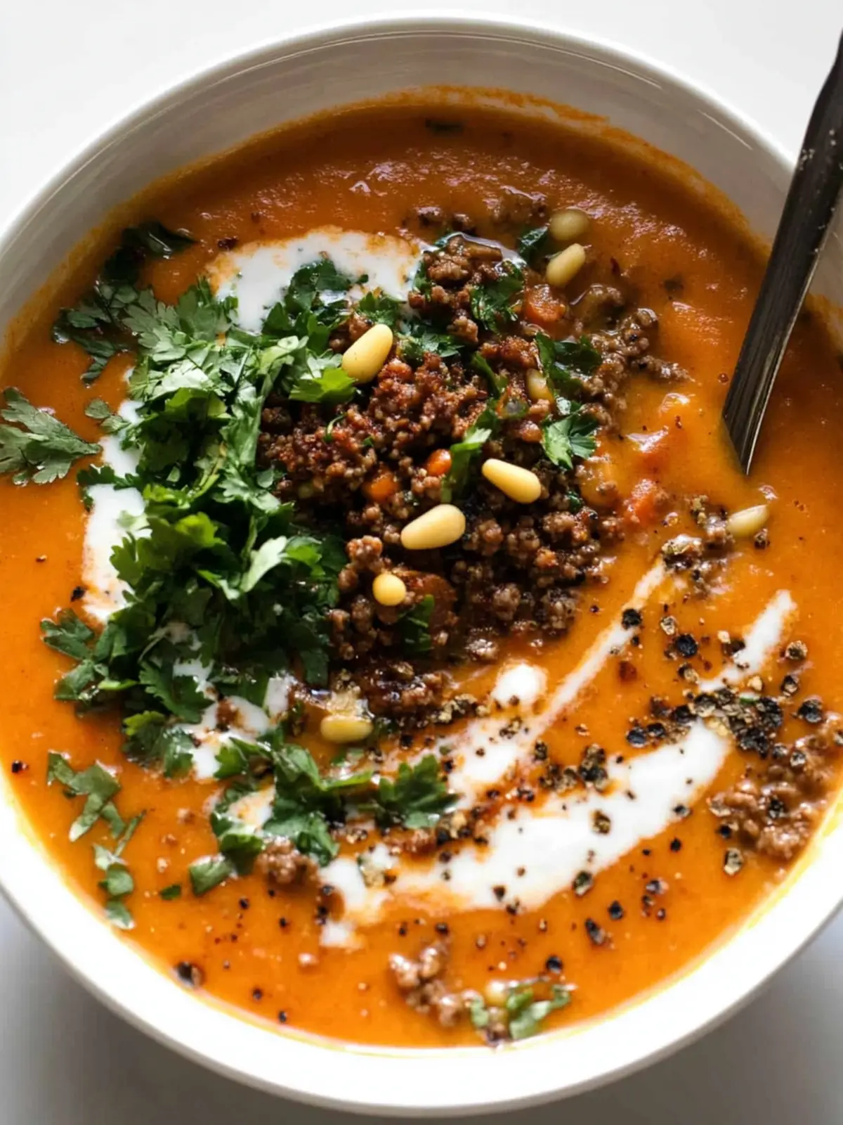 Delicious Carrot Soup with Spiced Ground Beef & Pine Nuts 4 Carrot Soup with Spiced Ground Beef and Pine Nuts