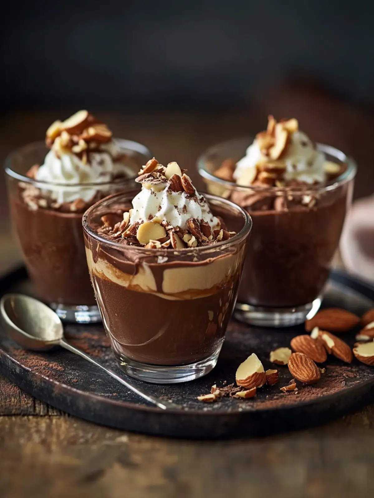 Decadent Chocolate Pots with Salted Caramel and Crunchy Almonds 3 Chocolate pots with salted caramel and caramel almonds
