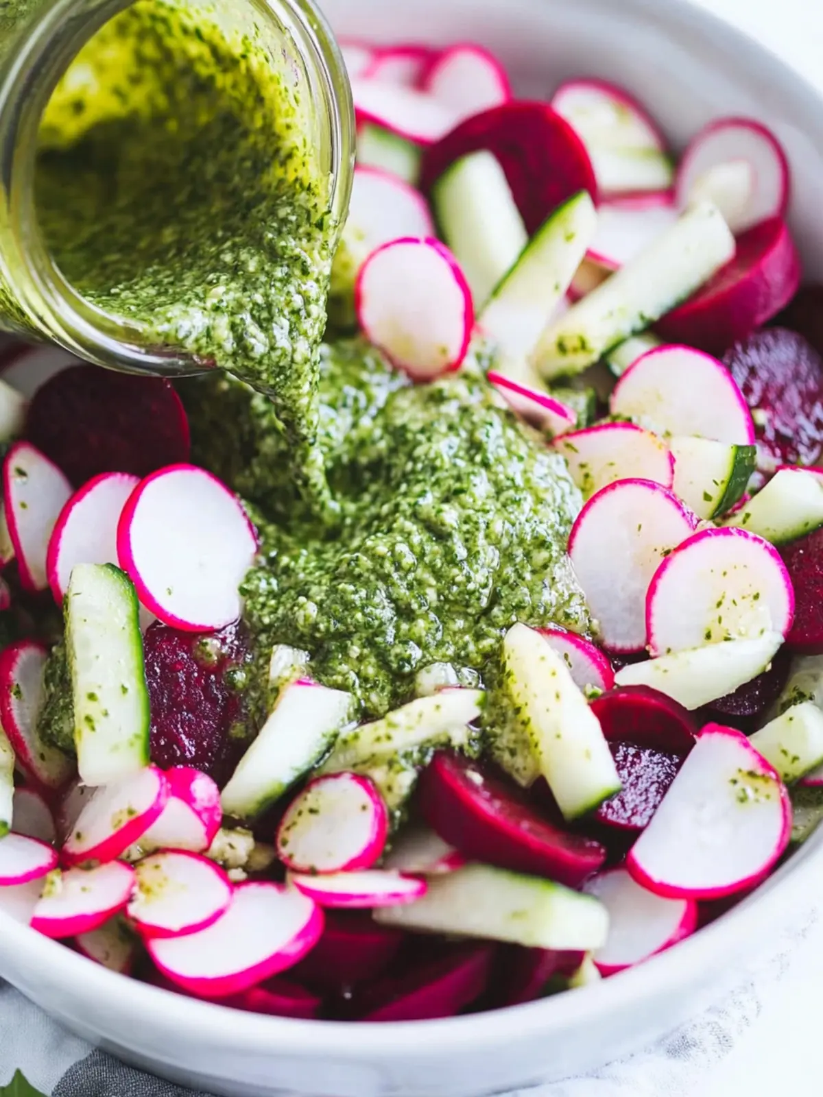 Vibrant Beet, Cucumber, and Radish Salad with Pesto Vinaigrette 3 Beet, Cucumber, and Radish Salad with Basil Pesto Vinaigrette