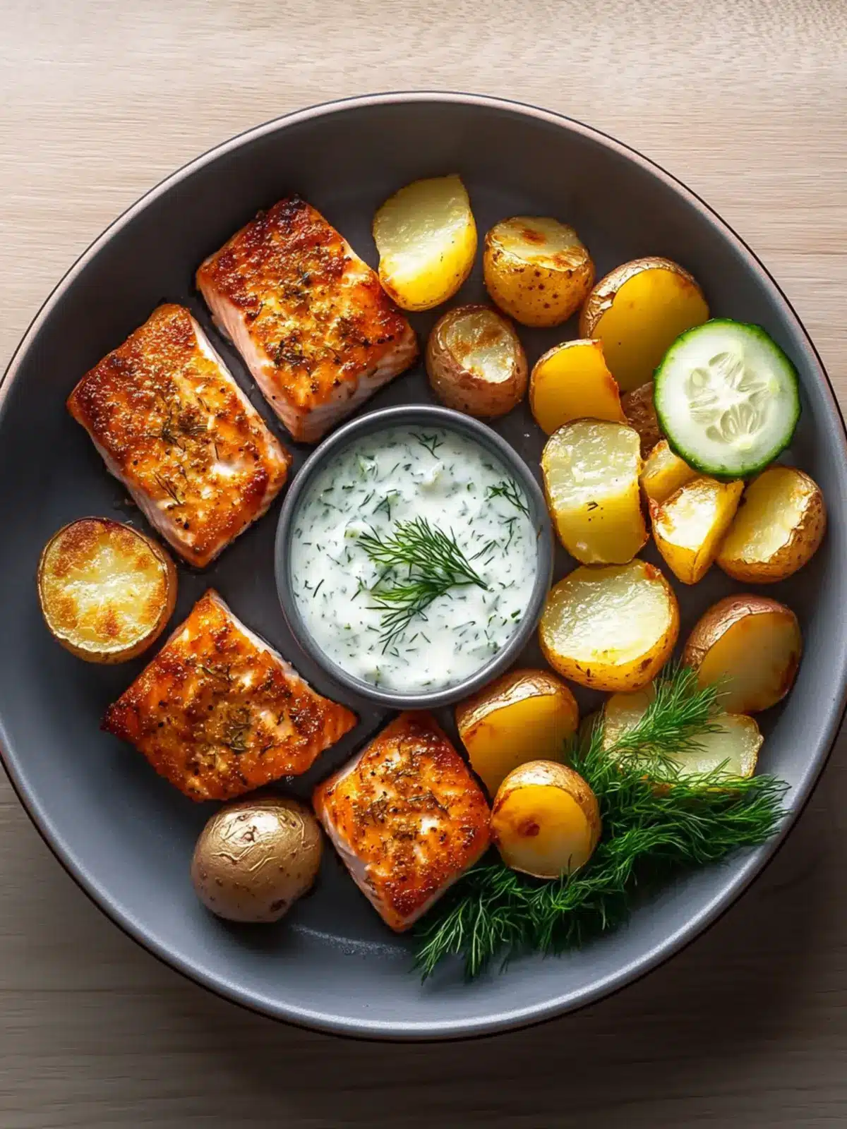 Air Fryer Lemon-Dill Salmon Bites with Crispy Potatoes Delight 3 Air Fryer Lemon-Dill Salmon Bites with Crispy Baby Potatoes and Yogurt Cucumber Sauce