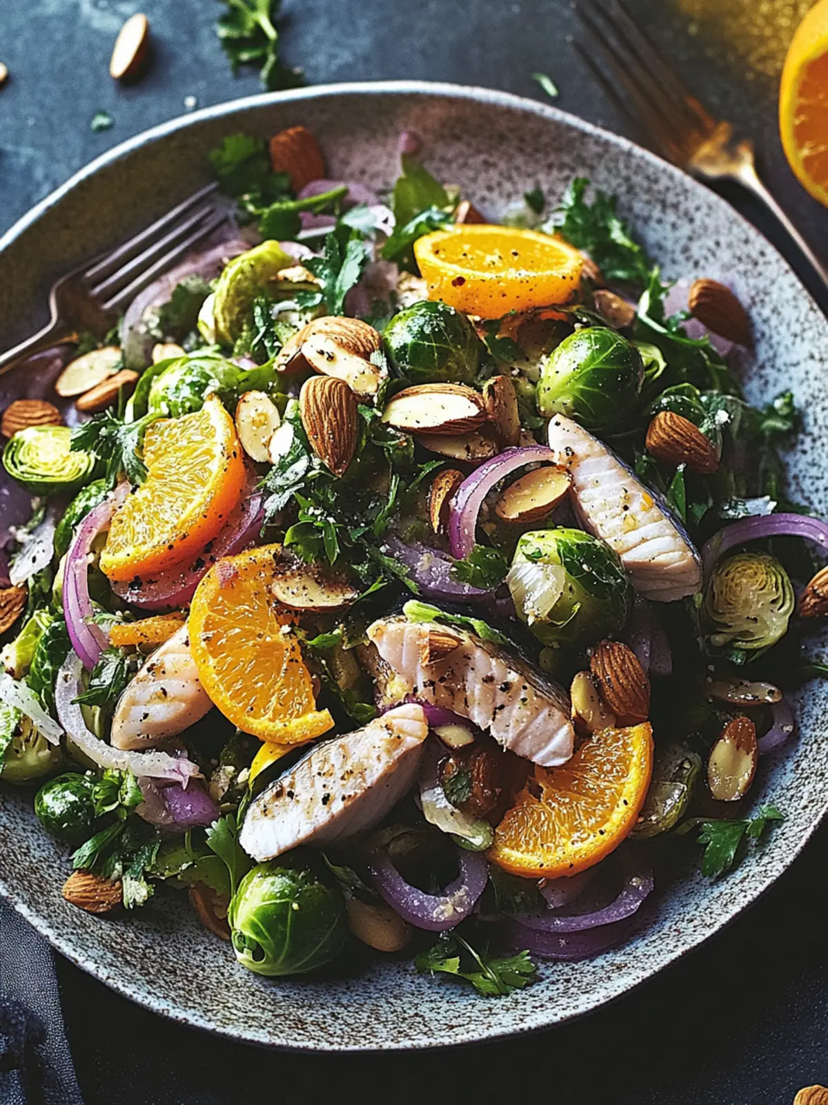 Zesty Brussels Sprout and Mackerel Salad with Almonds and Herbs 2 Brussels sprout, mackerel, orange, red onion and almond salad with mixed herbs