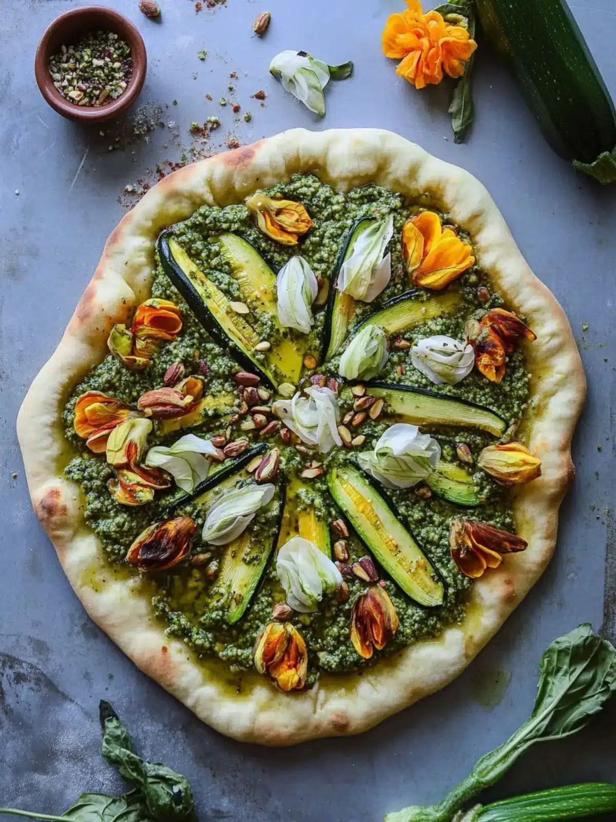 Delicious Grilled Zucchini Blossom Pistachio Pesto Pizza Recipe 4 Grilled zucchini blossom pistachio pesto pizza