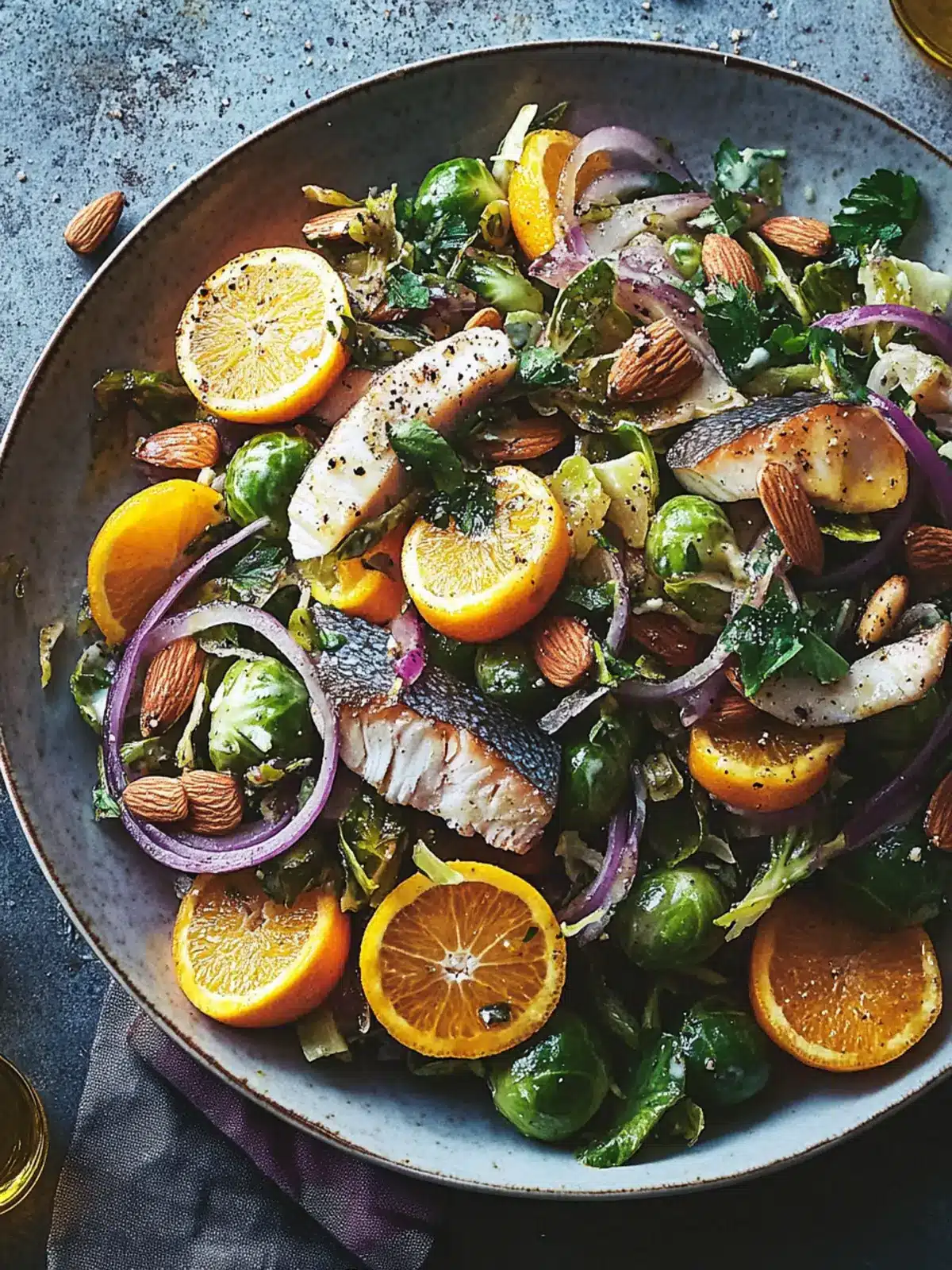 Zesty Brussels Sprout and Mackerel Salad with Almonds and Herbs 3 Brussels sprout, mackerel, orange, red onion and almond salad with mixed herbs