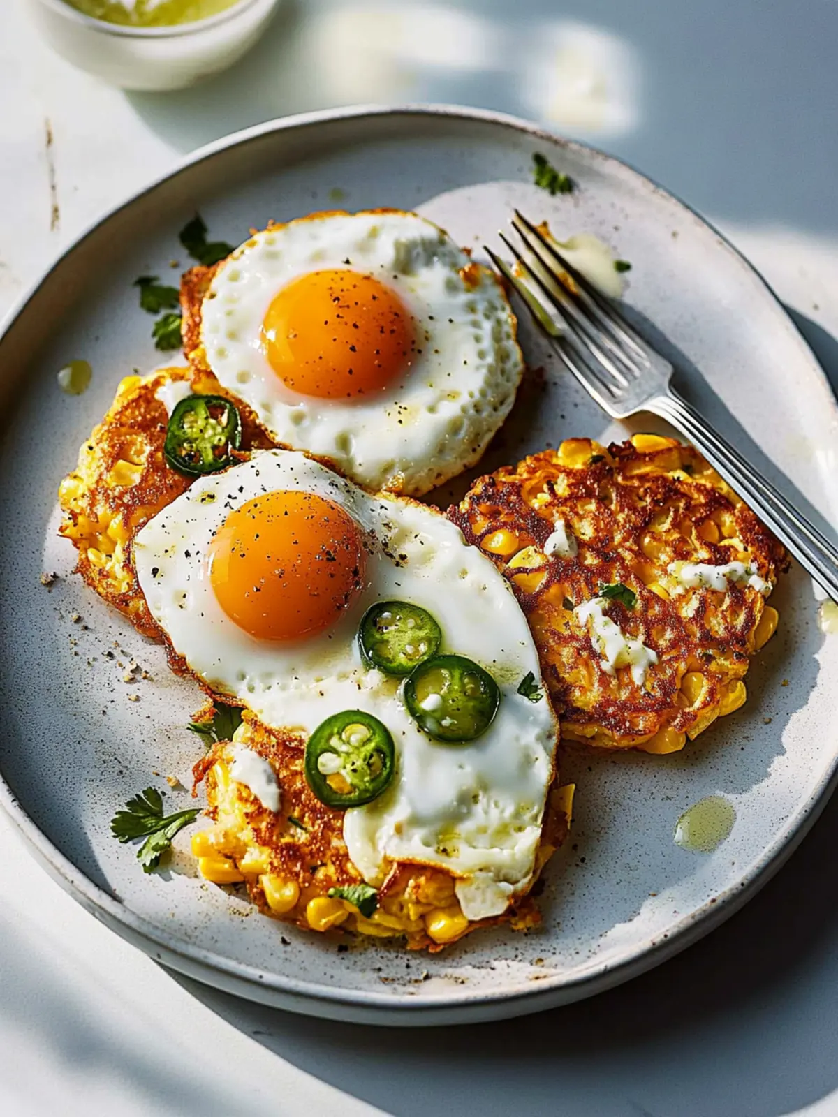 Sweetcorn and Jalapeño Fritters with a Perfect Fried Egg 4 Sweetcorn and jalapeño fritters with a fried egg