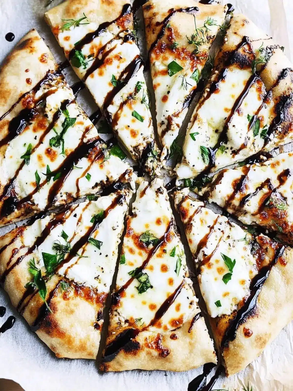 Decadent White Pizza with Goat Cheese & Balsamic Glaze 4 White Pizza with Goat Cheese, Fresh Mozzarella & Balsamic Glaze