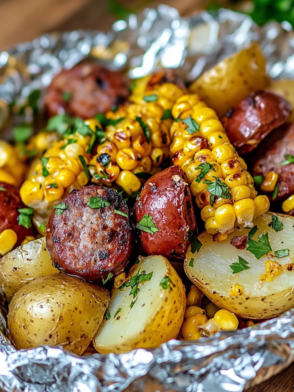 Delicious Vegetarian Foil Packets with Corn, Potatoes, and Sausage 2 Vegetarian Foil Packets with Corn, Potatoes, and Smoked Sausage