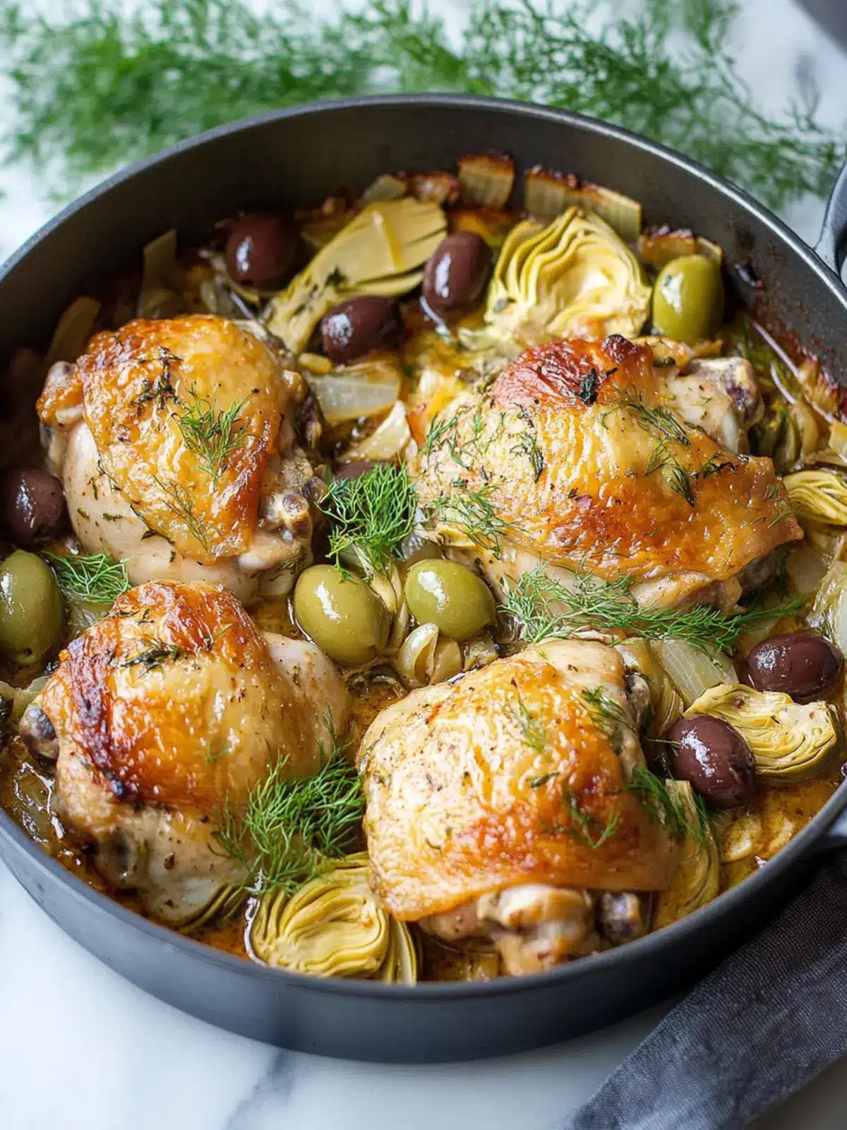 Savor Braised Chicken Thighs with Fennel, Artichoke, Olives 3 Braised Chicken Thighs with Fennel, Artichoke, and Olives