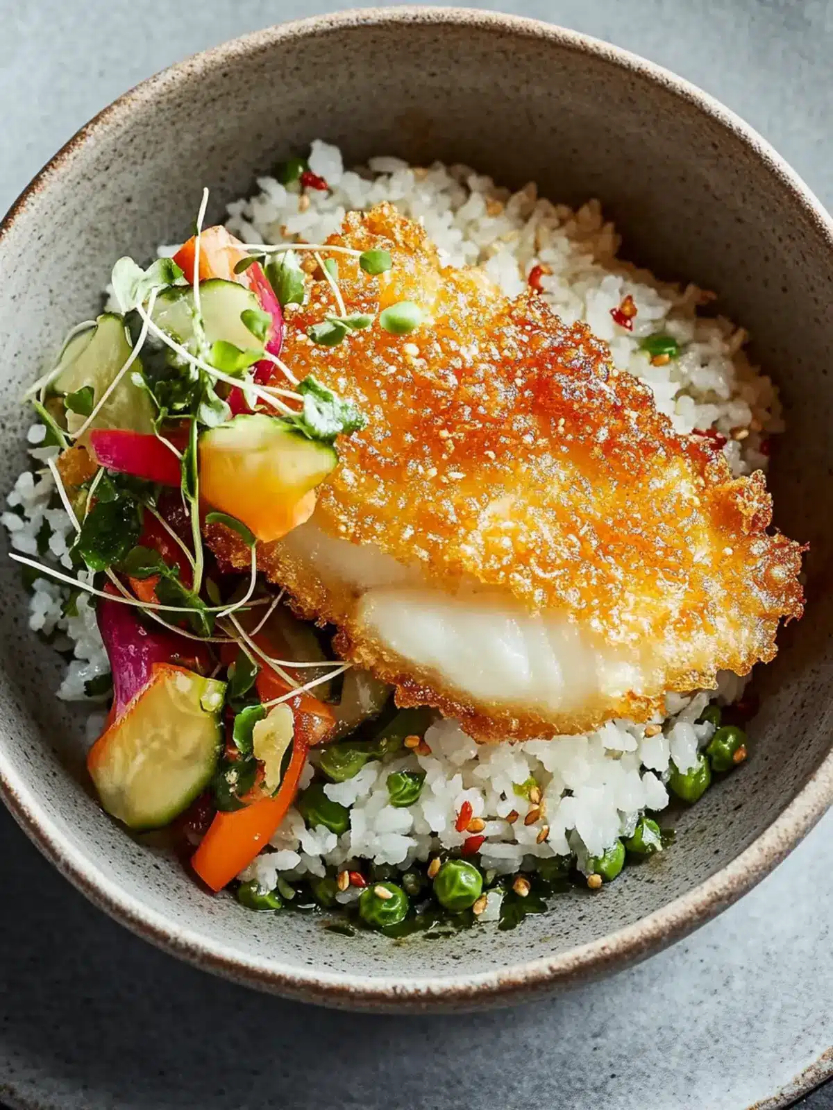 Crispy Halibut Tempura with Spring Onion Rice & Pickles Delight 4 Halibut Tempura with Japanese Pickles & Spring Onion Rice