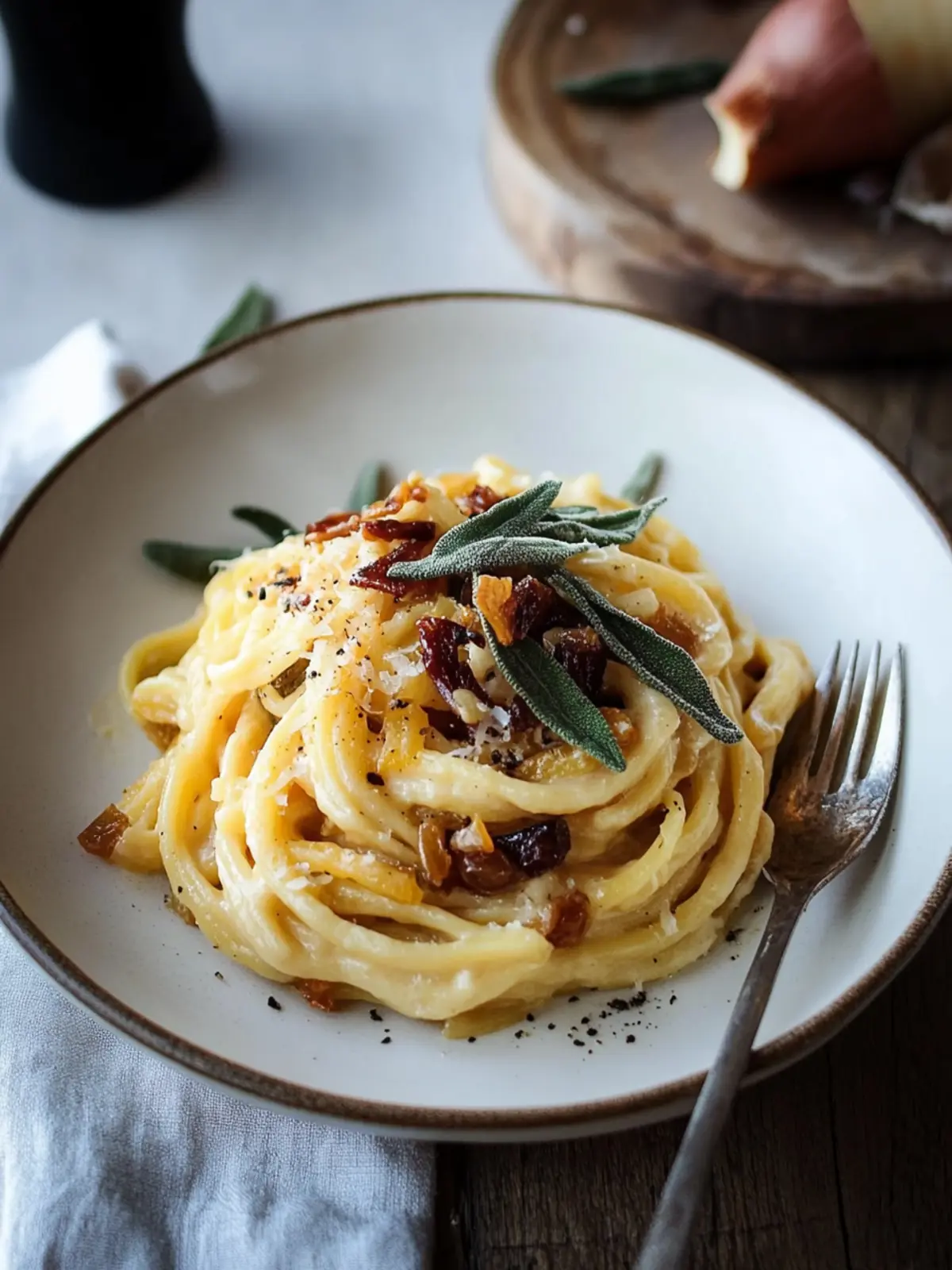 Creamy Butternut Squash Carbonara with Fried Sage Magic 2 Butternut Squash Carbonara with Fried Sage and Caramelized Onions