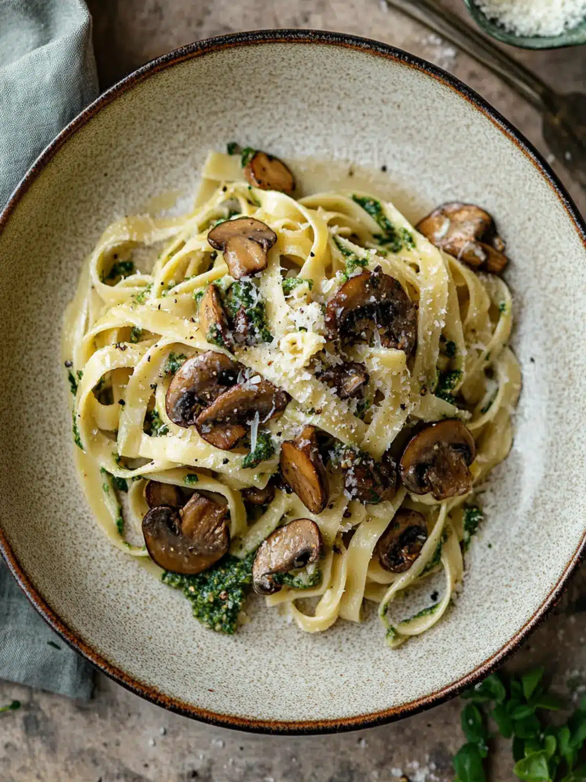 Savor Fresh Tagliatelle with Miso Pesto & Garlic Mushrooms 3 Fresh tagliatelle with miso pesto & garlic mushrooms
