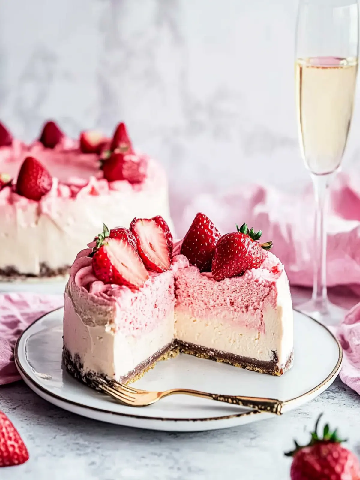 Indulge in Strawberry Champagne Cheesecake with Cake Bottom 3 Strawberry Champagne Cheesecake with Champagne Cake Bottom