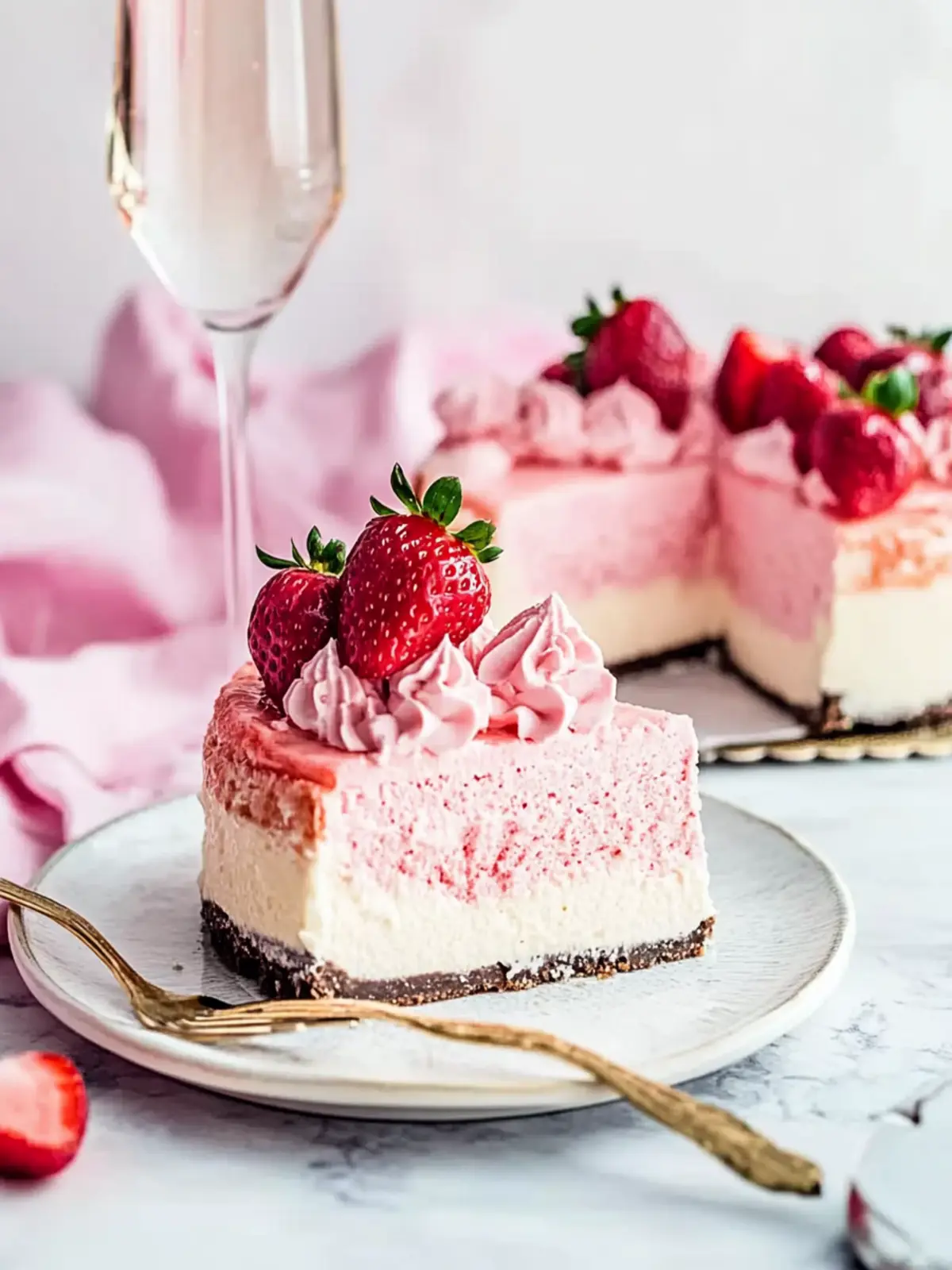 Indulge in Strawberry Champagne Cheesecake with Cake Bottom 2 Strawberry Champagne Cheesecake with Champagne Cake Bottom