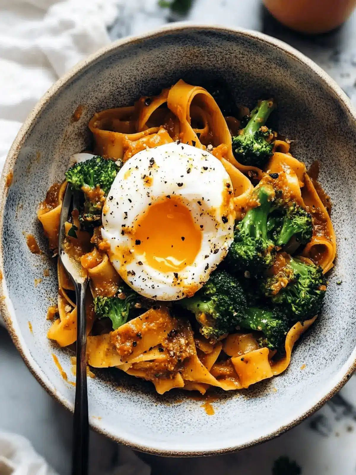 Chili Garlic Pappardelle with Smashed Broccoli and Soft Eggs Bliss 3 Chili Garlic Pappardelle with Smashed Broccoli and Soft Eggs