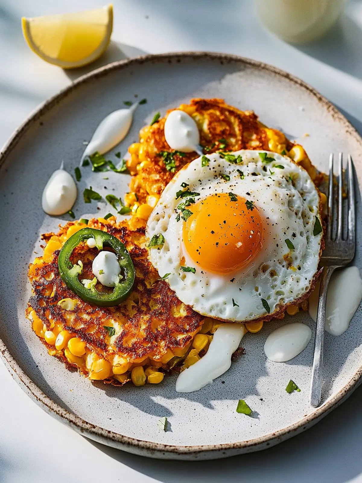 Sweetcorn and Jalapeño Fritters with a Perfect Fried Egg 3 Sweetcorn and jalapeño fritters with a fried egg