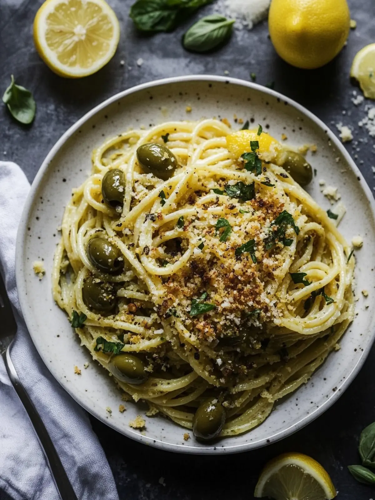 Zesty Green Olive Pasta with Toasted Lemon Breadcrumbs 2 Green Olive Pasta with Toasted Lemon Breadcrumbs and Herbs