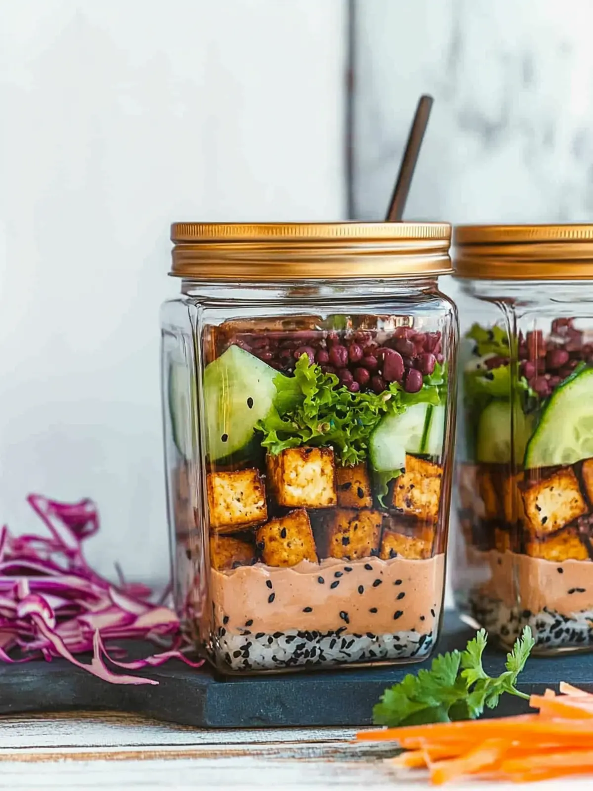 Tofu Sushi Salad Jars with Creamy Tahini Sauce Delight 2 Tofu Sushi Salad Jars with Tahini Sauce (Vegan Gluten-Free)