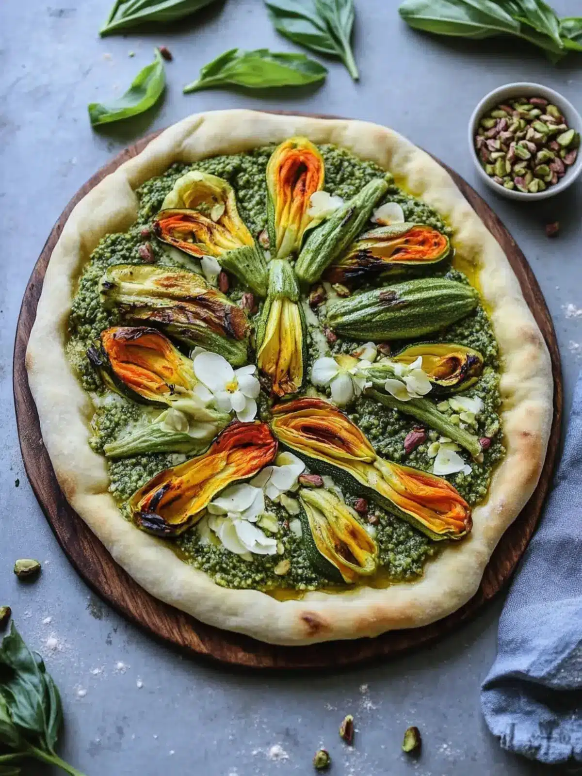 Delicious Grilled Zucchini Blossom Pistachio Pesto Pizza Recipe 3 Grilled zucchini blossom pistachio pesto pizza