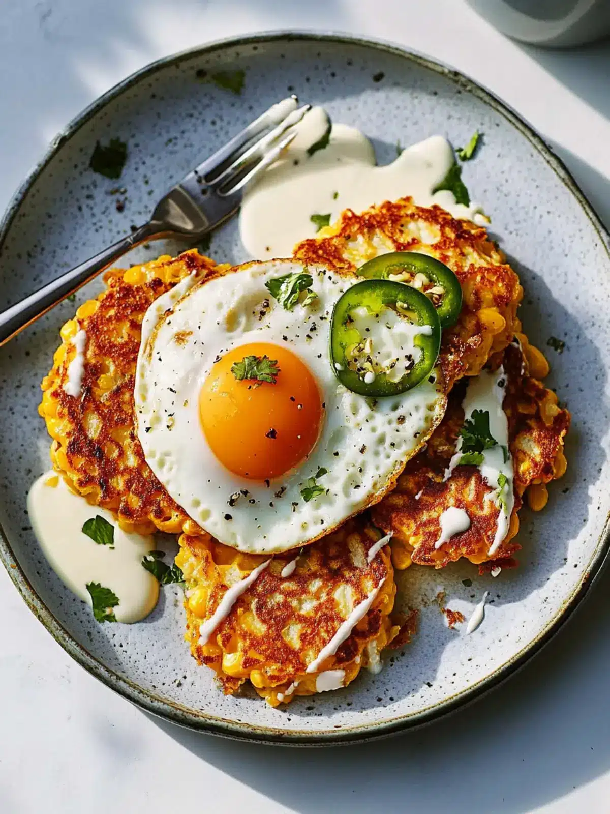 Sweetcorn and Jalapeño Fritters with a Perfect Fried Egg 2 Sweetcorn and jalapeño fritters with a fried egg