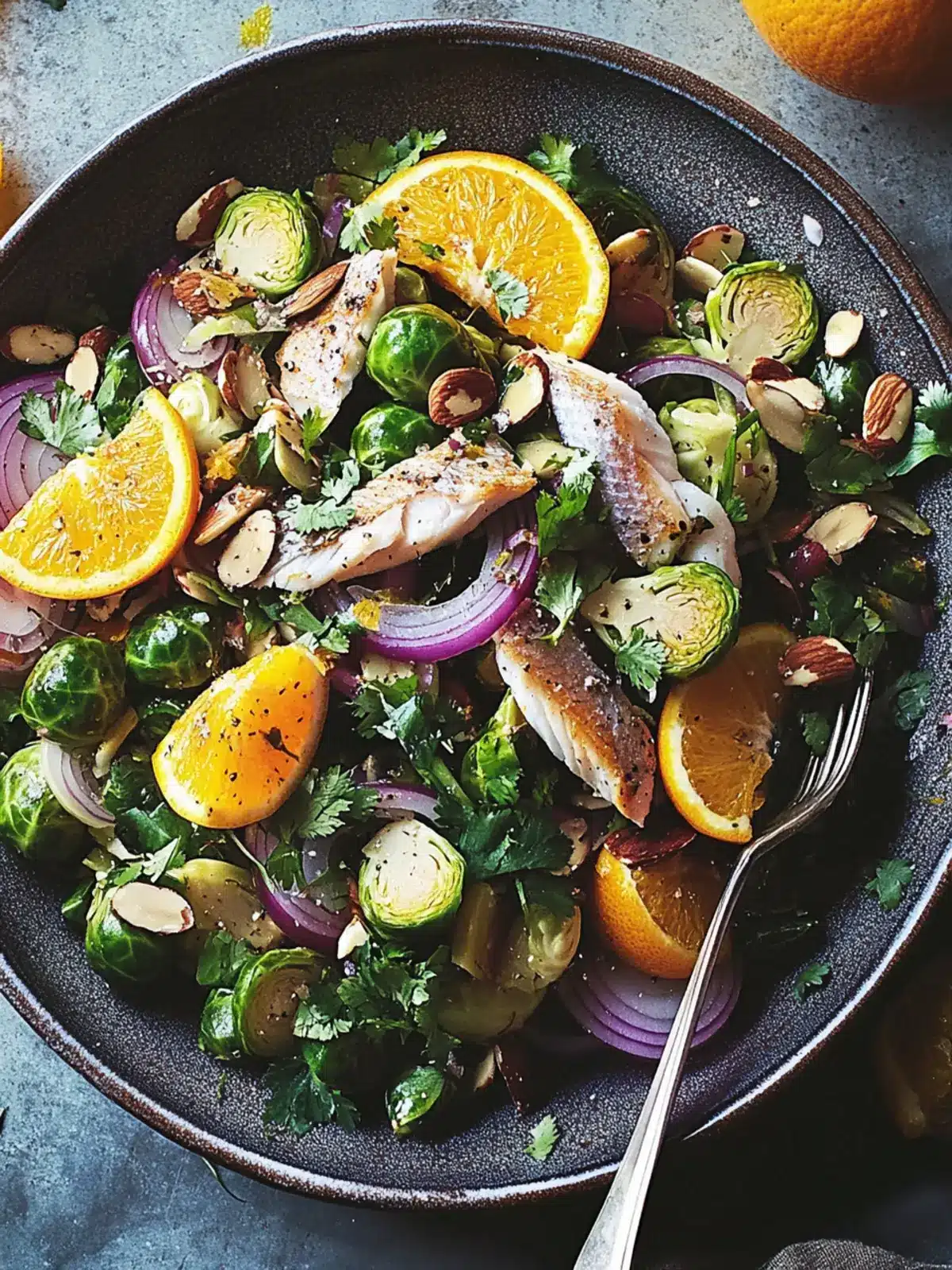 Zesty Brussels Sprout and Mackerel Salad with Almonds and Herbs 4 Brussels sprout, mackerel, orange, red onion and almond salad with mixed herbs