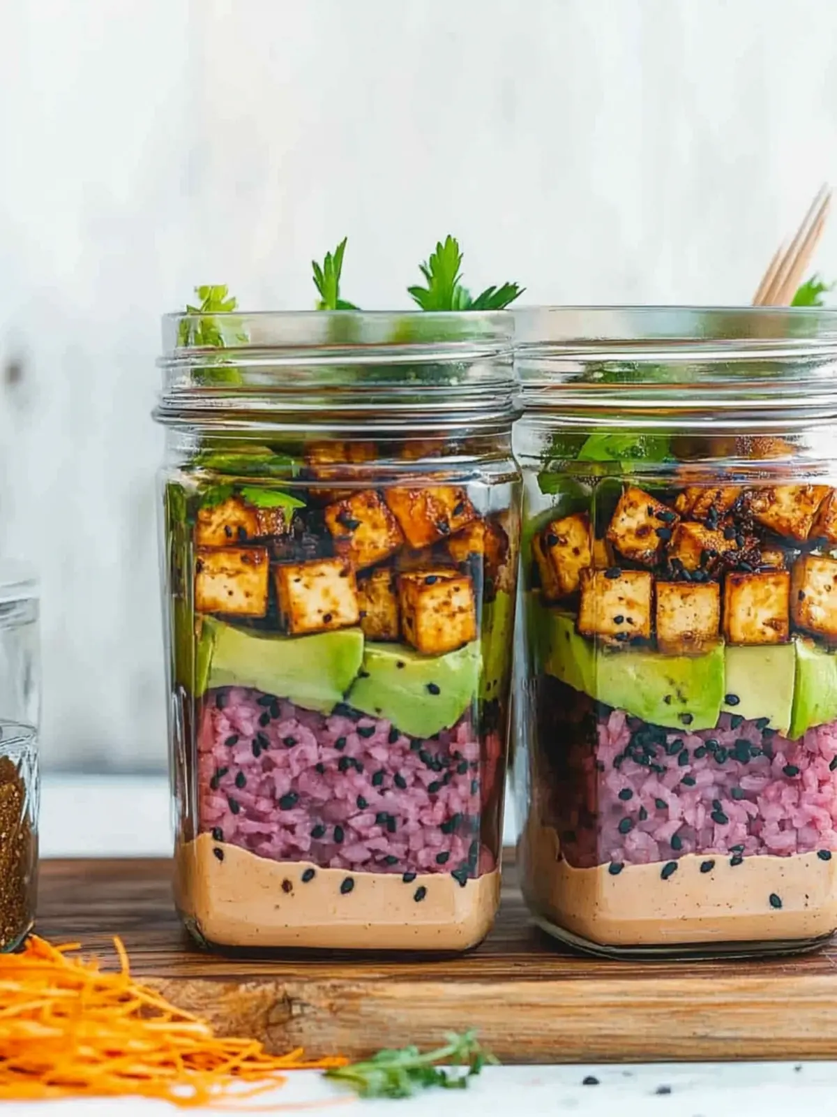 Tofu Sushi Salad Jars with Creamy Tahini Sauce Delight 3 Tofu Sushi Salad Jars with Tahini Sauce (Vegan Gluten-Free)